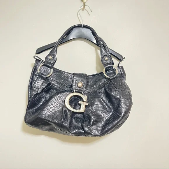 Guess Black Croc-Embossed Shoulder Bag with Silver Details - Picture 1 of 7